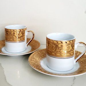 Regency Cup & Saucer 2 sets White & Gold Fine Porcelain Ornate Trim Tea Coffee